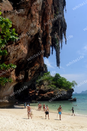 The Hat Phra Nang Beach at Railay near Ao Nang outside of the City of Krabi on the Andaman Sea in the south of Thailand. 