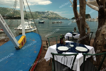 Ein Restaurant am Hafen in der Stadt Budva an der Mittelmeer Kueste in Montenegro im Balkan in Osteuropa.  