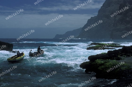 The coast at the village of Ponta do Sol near Ribeira Grande on the Island of Santo Antao in Cape Berde in the Atlantic Ocean in Africa.