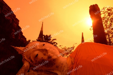 The Wat Yai Chai Mongkol Temple in City of Ayutthaya in the north of Bangkok in Thailand, Southeastasia.