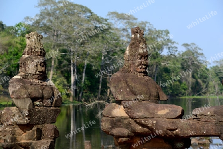 The Angkor Tom Gate in the Temple City of Angkor near the City of Siem Riep in the west of Cambodia.