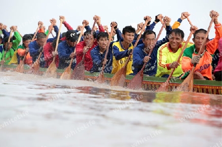 Ruderinnen beim traditionellen Bootsrennen auf dem Mekong River in Vientiane der Hauptstadt von Laos in Suedostasien.  