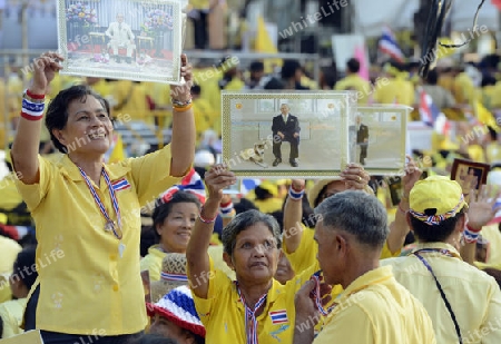 Tausende von Thailaender zelebrieren den Kroenungstag des Koenig Bhumibol auf dem Sanam Luang Park vor dem Wat Phra Kaew in der Stadt Bangkok in Thailand in Suedostasien.  