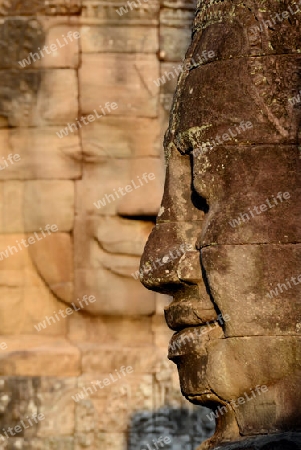 Stone Faces the Tempel Ruin of Angkor Thom in the Temple City of Angkor near the City of Siem Riep in the west of Cambodia.