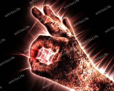 3D-Illustration of a glowing human male hand with a kirlian aura showing different symbols.