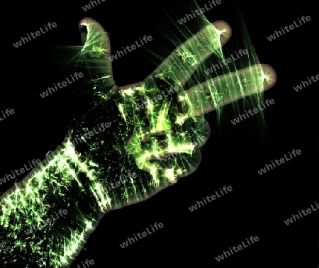 3D-Illustration of a glowing human male hand with a kirlian aura showing different symbols.