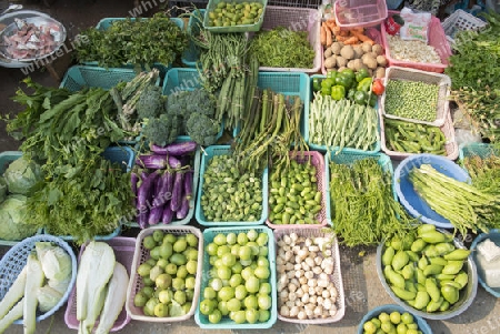  a Street fegetable and Food market in the City of Mandalay in Myanmar in Southeastasia.