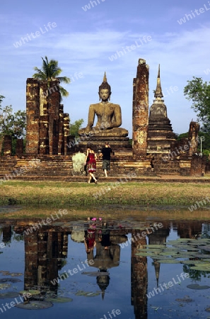 Der Wat Mahathat Tempel in der Tempelanlage von Alt-Sukhothai in der Provinz Sukhothai im Norden von Thailand in Suedostasien.