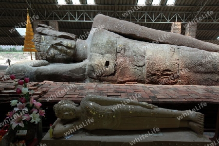 Der Liegende Sandstein Buddha im Wat Dhammachakra Sema Ram in Sung Noen bei der Stadt Khorat in der provinz Nakhon Ratchasima im Nordosten von Thailand im Suedwesten von Thailand in Suedostasien.  