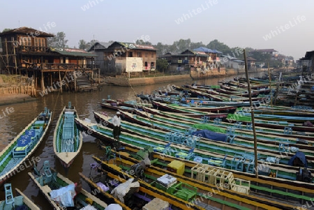 the Boat landing Pier at the Nan Chaung Main Canal in the city of Nyaungshwe at the Inle Lake in the Shan State in the east of Myanmar in Southeastasia.