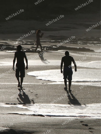 Suedamerika, Karibik, Venezuela, Isla Margarita, Pedro Gonzalez, Playa Pedro Gonzalez, Beach, Strand, Bucht, Fischerdorf, Ferien, Traumstrand, Idylle, Landschaft, Meer, Sandstrand, Frau, Mann, Maenner, Schatten, Bedrohung, Gefahr,