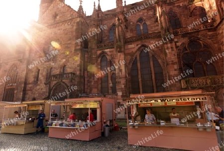 the market in the old town of Freiburg im Breisgau in the Blackforest in the south of Germany in Europe.