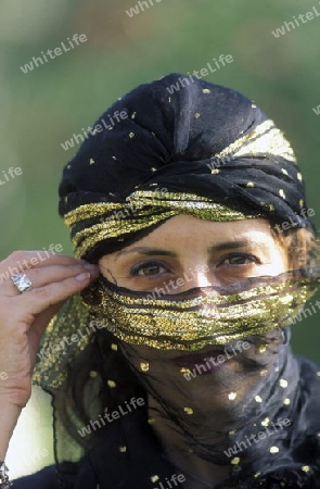 Eine Tunesische Frau in traditionellem Kopftuch  in Monastir am Mittelmeer im Nordosten von Tunesien in Nordafrika.