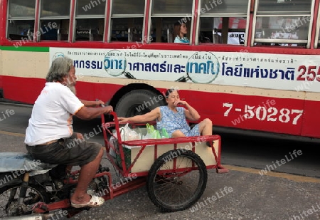 people transport at the Morningmarket in Nonthaburi north of the city of Bangkok in Thailand in Suedostasien.