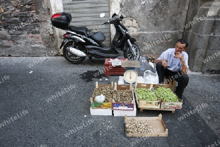 the fegetable and food Market in the old Town of Catania in Sicily in south Italy in Europe.