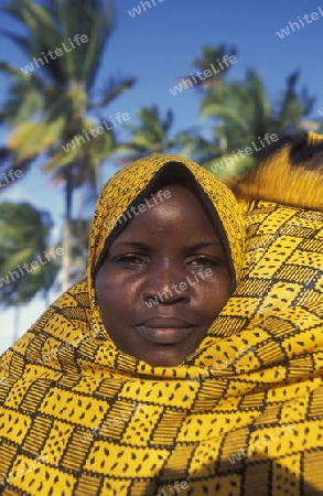 Eine Frau  im Dorf Bwejuu am Traumstrand  von Bwejuu an der Ost-Kueste auf der Insel Zanzibar welche zu Tansania gehoert.    