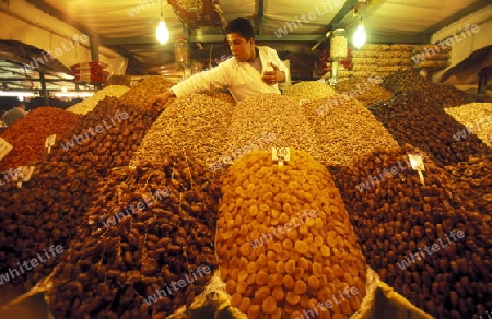 The Souq or Bazzar or Market in the old town of Marrakesh in Morocco in North Africa.
