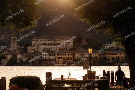 The Isla San Giulio in the Ortasee outside of the Fishingvillage of Orta on the Lake Orta in the Lombardia  in north Italy. 