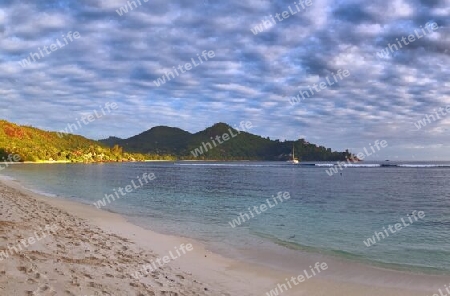 Stunning high resolution beach panorama taken on the paradise islands Seychelles.