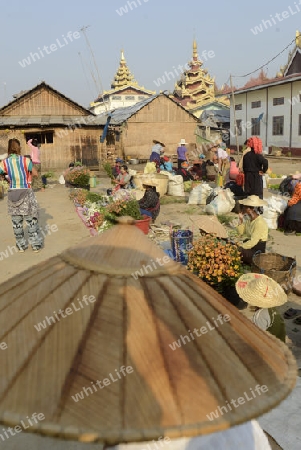 the market at the Village of Phaung Daw Oo at the Inle Lake in the Shan State in the east of Myanmar in Southeastasia.