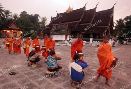 Moenche im Tempel Xieng Thong in der Altstadt von Luang Prabang in Zentrallaos von Laos in Suedostasien.  