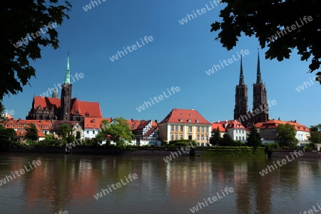 Am Ufer des Fluss Oder in der Innenstadt von Wroclaw oder Breslau im westen von Polen.