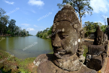 The Bridge at the Angkor Tom Gate in the Temple City of Angkor near the City of Siem Riep in the west of Cambodia.