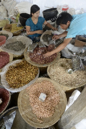 the market at the Village of Phaung Daw Oo at the Inle Lake in the Shan State in the east of Myanmar in Southeastasia.