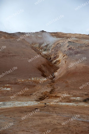 Der Norden Islands, Vulkanhang mit Canyon hinter Hochtemperaturfeld Namaskard am Myvatn-See