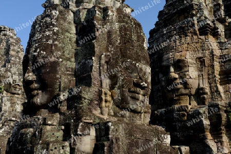 Stone Faces the Tempel Ruin of Angkor Thom in the Temple City of Angkor near the City of Siem Riep in the west of Cambodia.