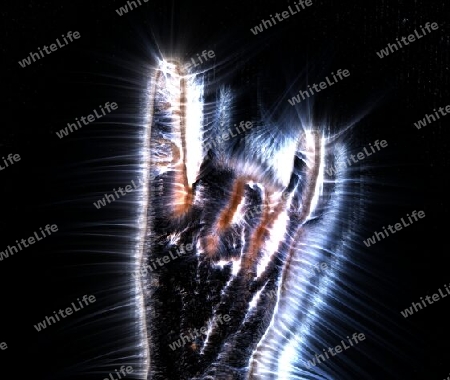 3D-Illustration of a glowing human female hand with a kirlian aura showing different symbols.