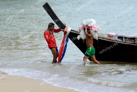 workers at the Hat Tom Sai Beach at Railay near Ao Nang outside of the City of Krabi on the Andaman Sea in the south of Thailand. 