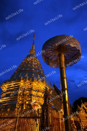 Der Chedi der Tempel Anlage des Wat Phra That Doi Suthep bei Chiang Mai in der Provinz Chiang Mai im Norden von Thailand in Suedostasien.