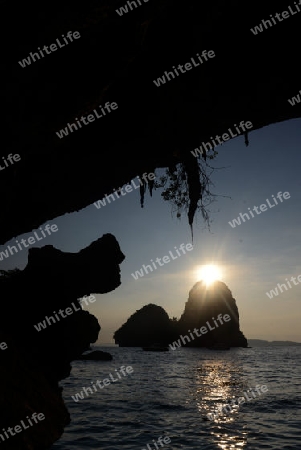 The Hat Phra Nang Beach at Railay near Ao Nang outside of the City of Krabi on the Andaman Sea in the south of Thailand. 