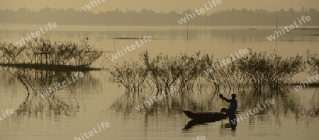 Ein Fischer auf dem See in Amnat Charoen im Isan im osten von Thailand,