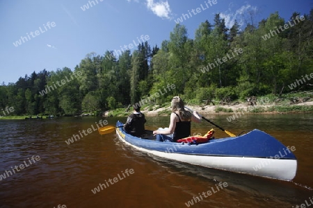 Kanu Fahren auf den Fluss Gauja in Sigulad oestlich von Riga der Hauptstadt von Lettland im Baltikum in Osteuropa.  