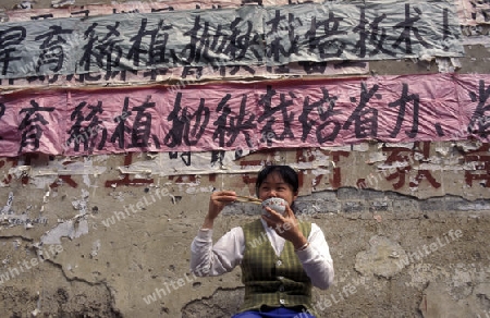 a women is eating rice in the town of Yangshou near the city of  Guilin in the Province of Guangxi in china in east asia. 