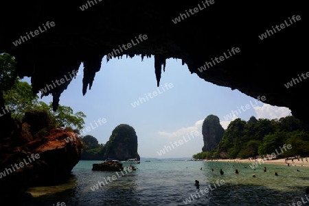 The Hat Phra Nang Beach at Railay near Ao Nang outside of the City of Krabi on the Andaman Sea in the south of Thailand. 