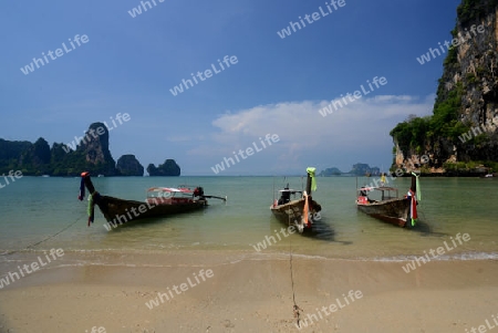 The Hat Tom Sai Beach at Railay near Ao Nang outside of the City of Krabi on the Andaman Sea in the south of Thailand. 