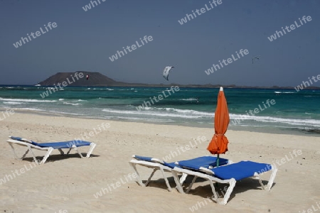 the Beach of  Corralejo on the Island Fuerteventura on the Canary island of Spain in the Atlantic Ocean.