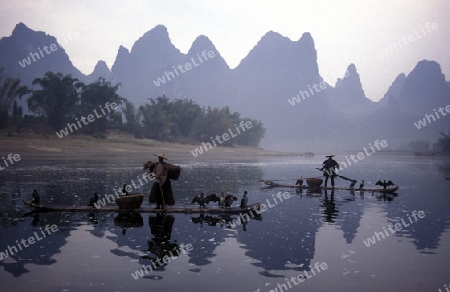 the landscape at the Li River near Yangshou near the city of  Guilin in the Province of Guangxi in china in east asia. 