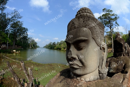 The Bridge at the Angkor Tom Gate in the Temple City of Angkor near the City of Siem Riep in the west of Cambodia.