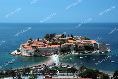 Die Hotel Insel in Sveti Stefan an der Mittelmeer Kueste in Montenegro im Balkan in Osteuropa.