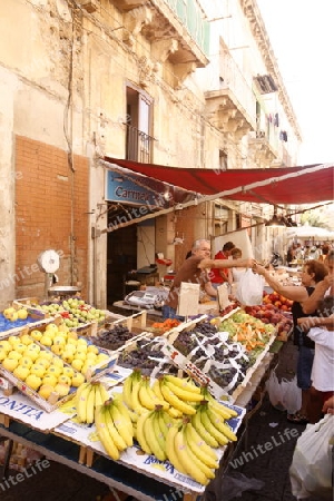 the fruit and fegetable market in the old Town of Siracusa in Sicily in south Italy in Europe.