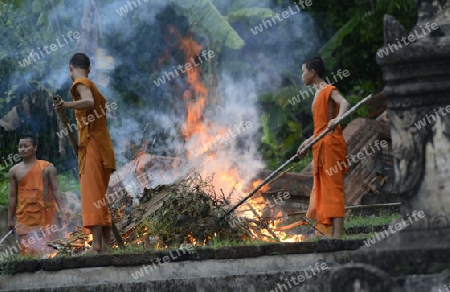 Der untere Teil des Tempel Wat Phra That Doi Kong Mu ueber dem Dorf Mae Hong Son im norden von Thailand in Suedostasien.