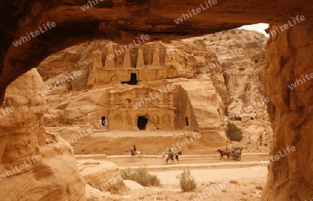 the Bab as Siq street with the Obelisk Tomb and the Bab as Siq Triclinium in the Temple city of Petra in Jordan in the middle east.