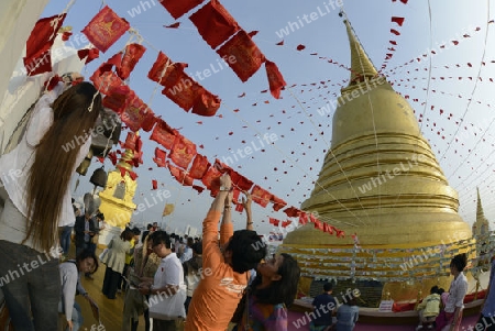 Die Tempelanlage des Goldenen Berg in der Hauptstadt Bangkok von Thailand in Suedostasien.