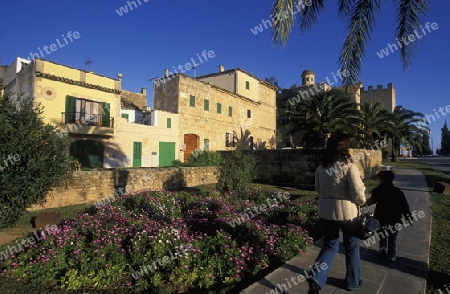  Das Zentrum des alten Dorfteil von Alcudia mit dem Torbogen der alten Stadtmauer im Osten der Insel Mallorca einer der Balearen Inseln im Mittelmeer.   