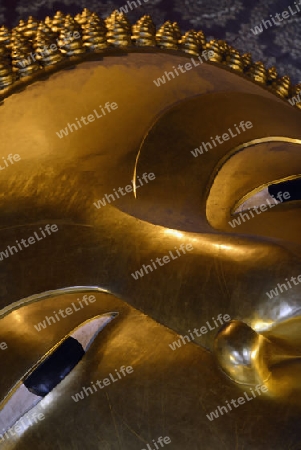 Der Grosse liegende Buddha im Wat Pho Tempel in der Stadt Bangkok in Thailand in Suedostasien.