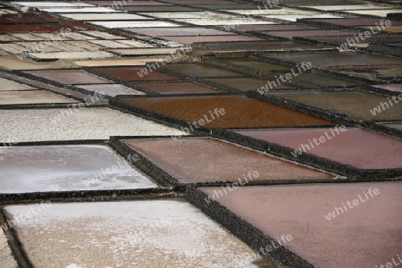 The Salinas in the Laguna of El Charco on the Island of Lanzarote on the Canary Islands of Spain in the Atlantic Ocean.